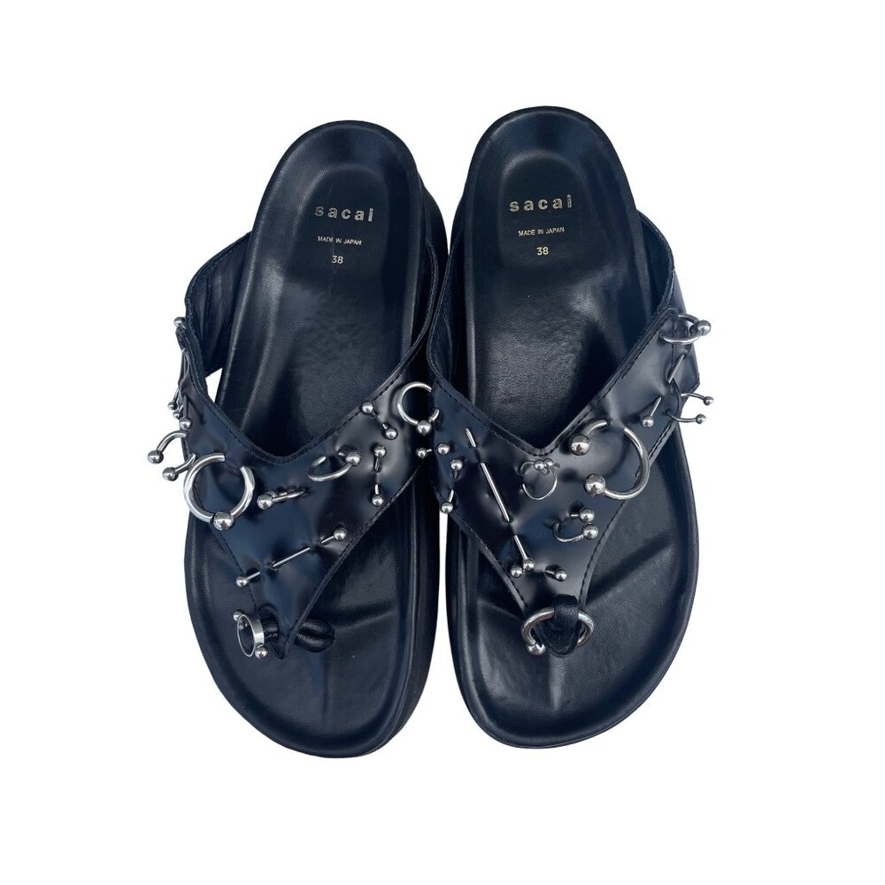 DRT4 Sacai Womens Size 38 Leather Pierced Slip On Thong Platform Sandals